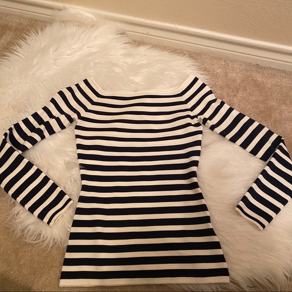 NWT H&M Navy & White Classic Striped Bardot Fitted Top Small - Picture 11 of 14
